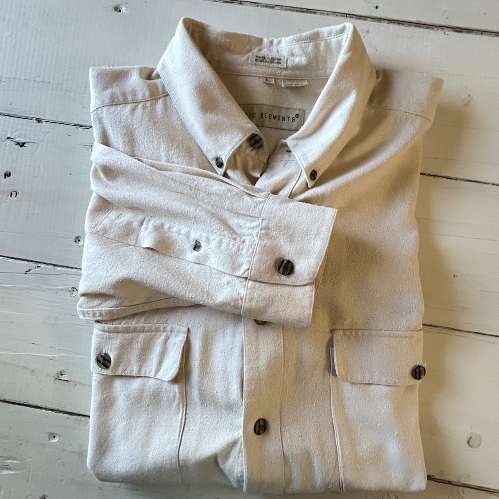 Basic Elements‎ Silk Button Down Shirt Long Sleeve Utility Pockets Mens Size L